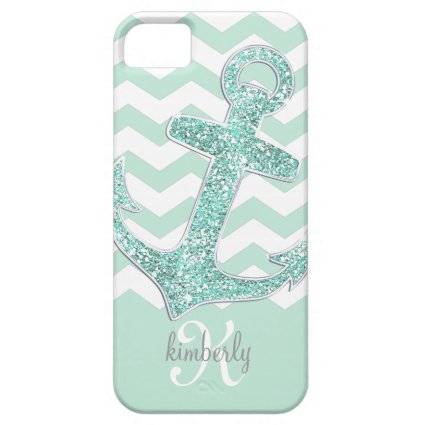Mint Glitter Anchor White Chevron Personalized iPhone 5 Cases
