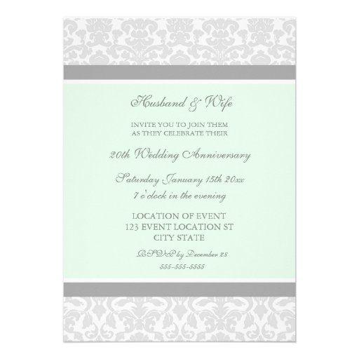 Mint Gray Damask 20th Anniversary Party Invitation