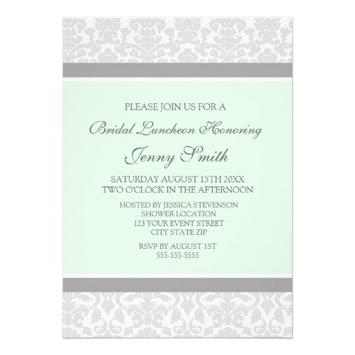 Mint Gray Damask Bridal Lunch Invitation Cards