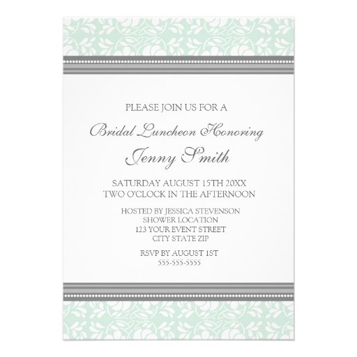 Mint Gray Damask Bridal Lunch Invitation Cards