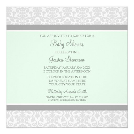 Mint Gray Damask Custom Baby Shower Invitations
