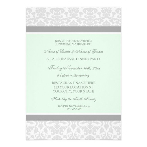 Mint Gray Damask Rehearsal Dinner Party Announcements