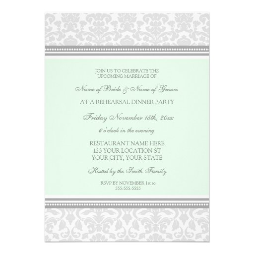 Mint Gray Damask Rehearsal Dinner Party Custom Invite
