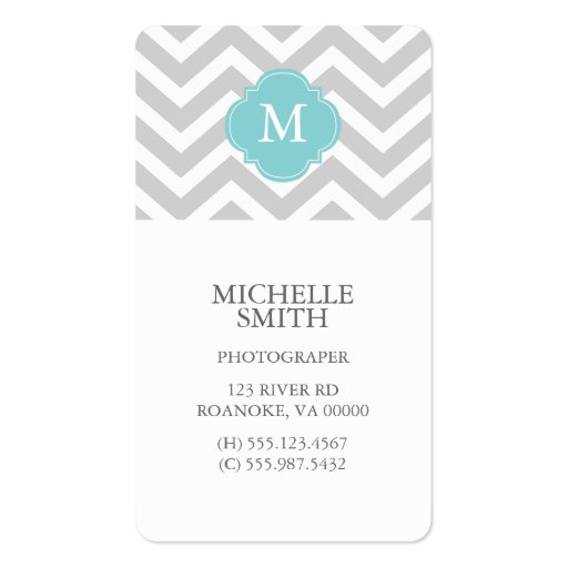 Mint & Gray Zigzags Pattern Monogram Business Card Templates (front side)