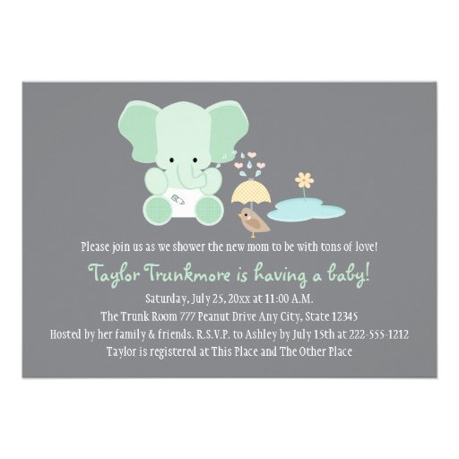 Mint Greem Elephant Little Bird Baby Shower Personalized Invitations