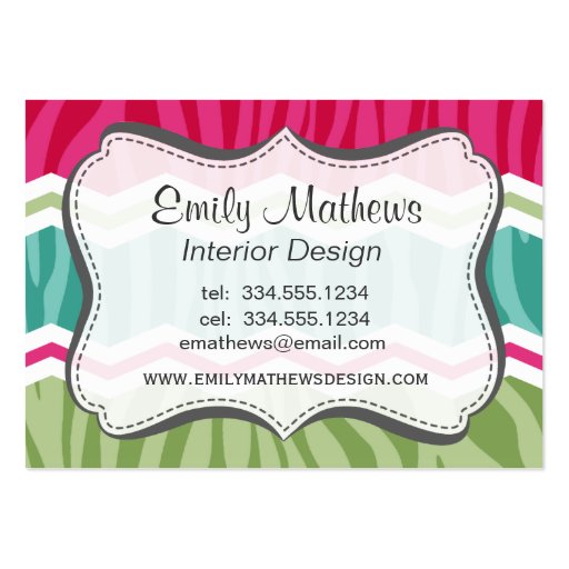Mint, Green, and Magenta Pink Zebra Stripes Business Card Template (front side)