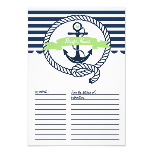 Mint Green and Navy Nautical Stripes Recipe Card