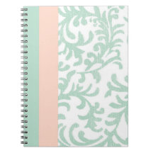 Mint Green and Peach Pink Floral Pattern Spiral Note Book
