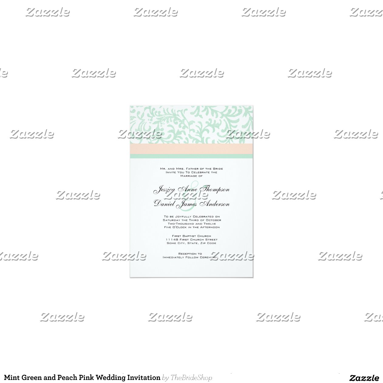 Mint Green and Peach Pink Wedding Invitation 5" X 7" Invitation Card