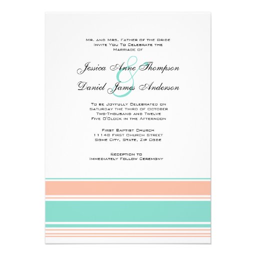 Mint Green and Peach Stripes Wedding Invitation