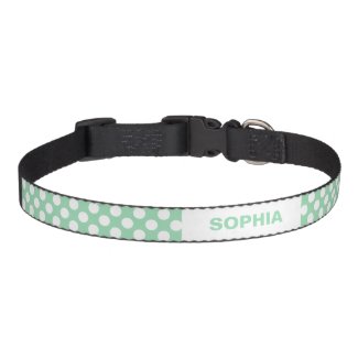 Mint Green And White Polka Dots With Custom Name Dog Collars