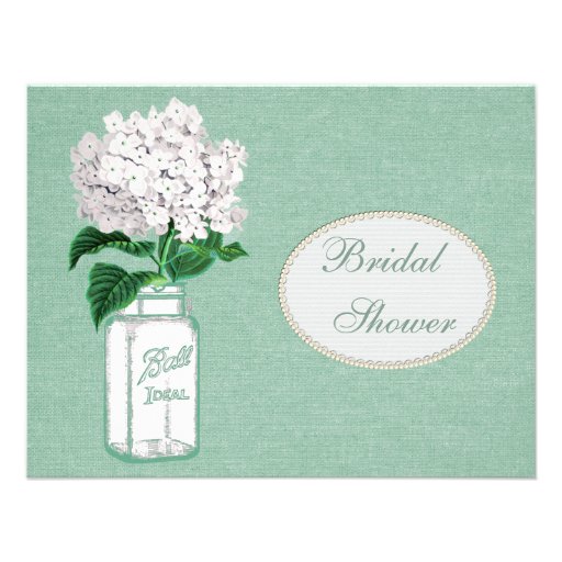 Mint Green Burlap, Jar & Hydrangea Bridal Shower Personalized Invitation (front side)