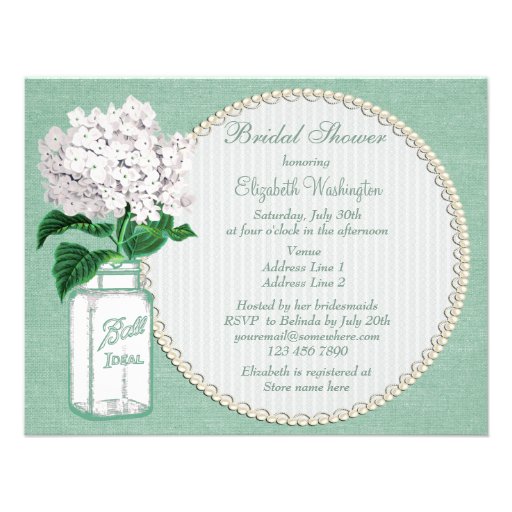 Mint Green Burlap, Jar & Hydrangea Bridal Shower Personalized Invitation