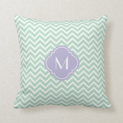 Mint Green Chevron Zigzag Stripes with Monogram Pillow Zazzle