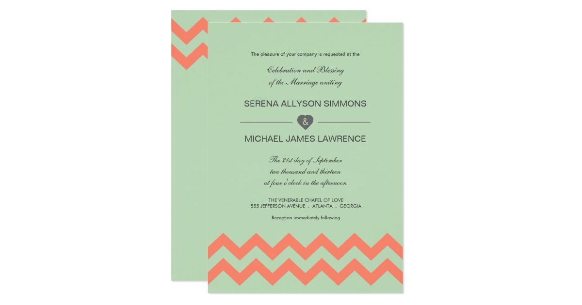 Mint Green & Coral Chevron Wedding Invitation Zazzle