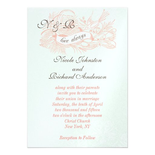 Mint Green Coral Pink Vintage Wedding Invitation