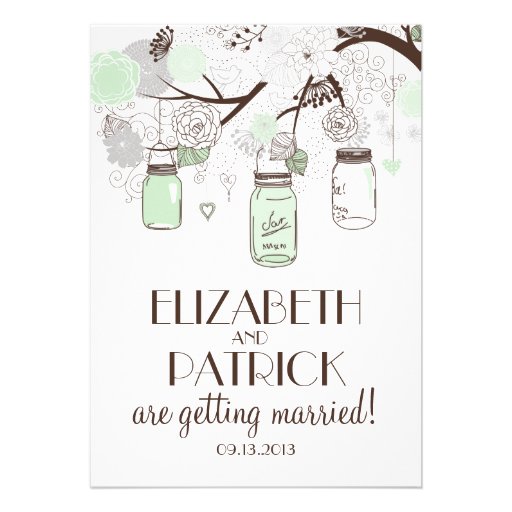 Mint Green Floral Mason Jars Wedding Invitation