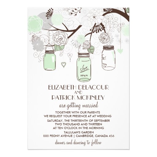 Mint Green Floral Mason Jars Wedding Invitation (front side)