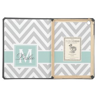 MINT GREEN, GRAY CHEVRON PATTERN PERSONALIZED iPad AIR COVER