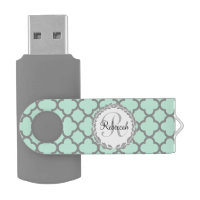 Mint Green Gray Quatrefoil Name Monogrammed Laurel Swivel USB 2.0 Flash Drive