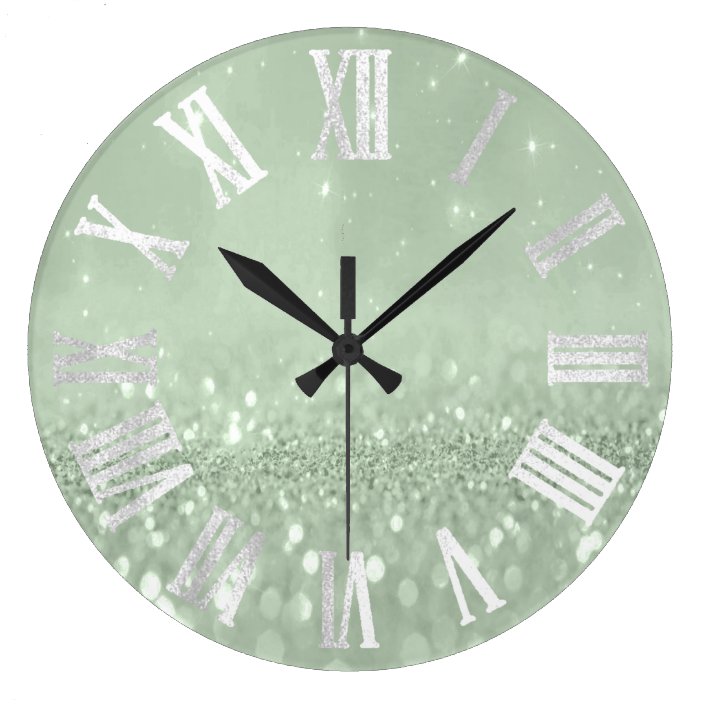 Mint Green Gray Silver Glitter Metal Roman Numers Large Clock Zazzle