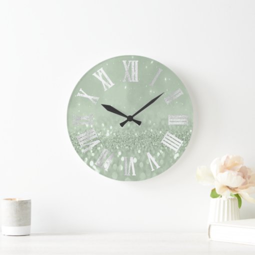 Mint Green Gray Silver Glitter Metal Roman Numers Large Clock Zazzle