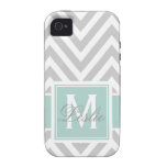 MINT GREEN, GREY CHEVRON PATTERN PERSONALIZED Case-Mate iPhone 4 CASE
