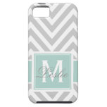 MINT GREEN, GREY CHEVRON PATTERN PERSONALIZED iPhone 5 COVER