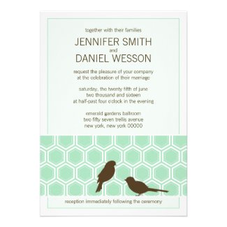 Mint Green Honeycomb Pattern Love Birds Wedding Announcements