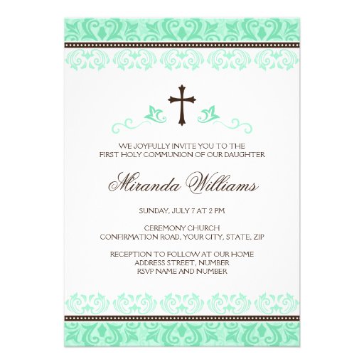 Mint green lace girls first communion confirmation custom invite