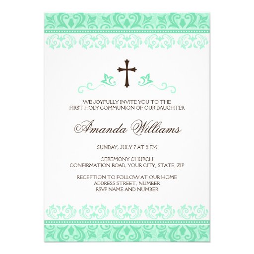 Mint green lace girls first communion confirmation personalized announcements