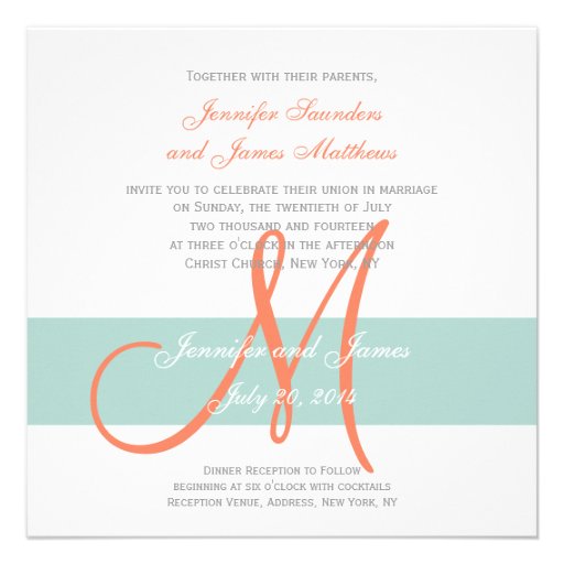 Mint Green Orange Monogram Names Simple Wedding Custom Invitations