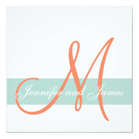 Mint Green Orange Monogram Names Simple Wedding 5.25x5.25 Square Paper Invitation Card