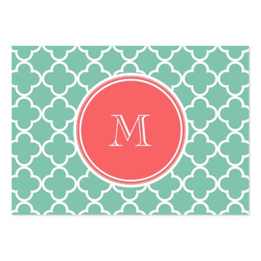 Mint Green Quatrefoil Pattern, Coral Monogram Business Card (front side)