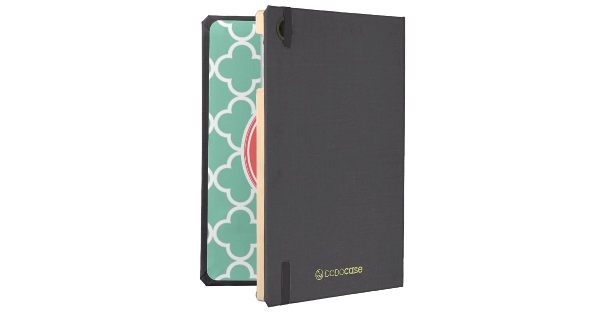 Mint Green Quatrefoil Pattern, Coral Monogram iPad Air Cover Zazzle
