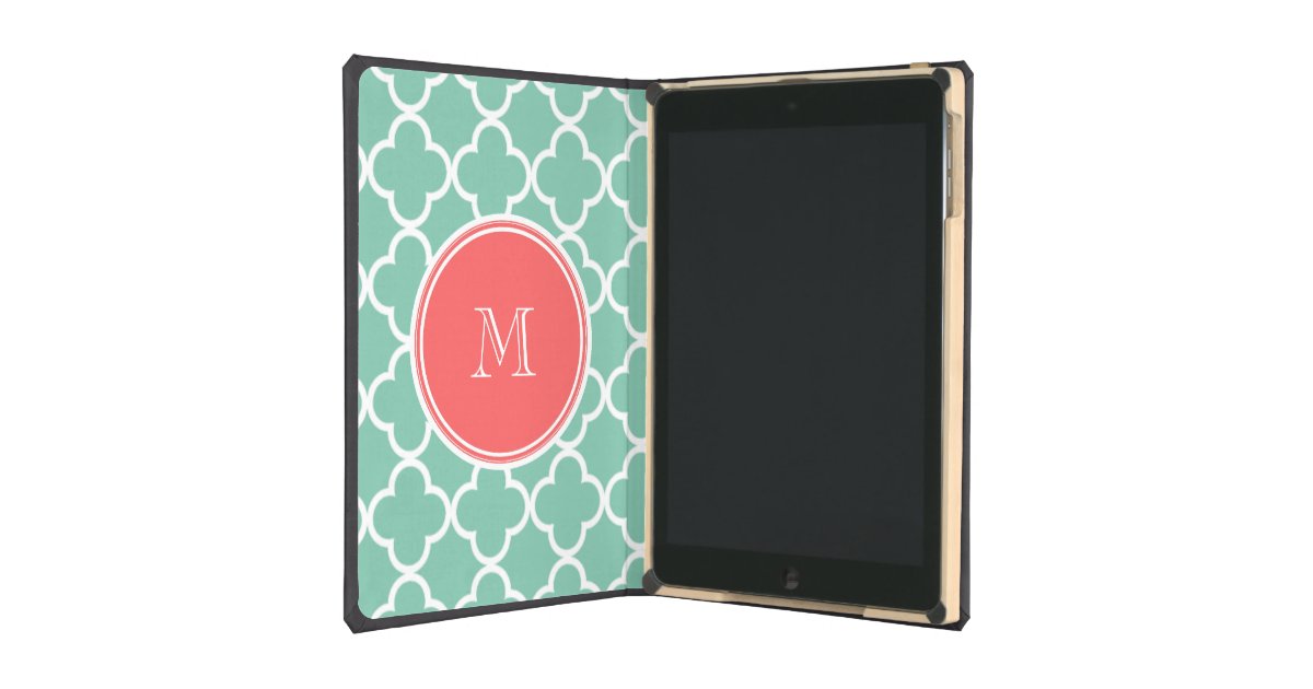 Mint Green Quatrefoil Pattern, Coral Monogram iPad Air Cover Zazzle