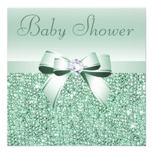 Mint Green Sequins, Bow & Diamond Baby Shower Personalized Invitation