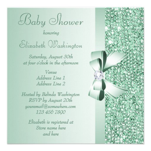 Mint Green Sequins, Bow & Diamond Baby Shower Personalized Invitation