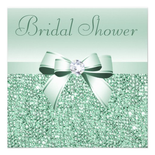 Mint Green Sequins, Bow & Diamond Bridal Shower Custom Invite