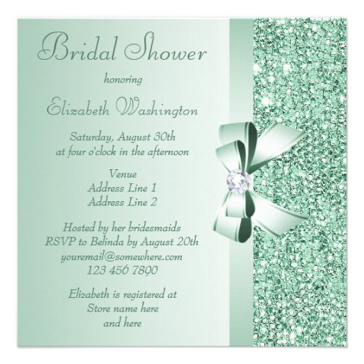 Mint Green Sequins, Bow & Diamond Bridal Shower Custom Invite