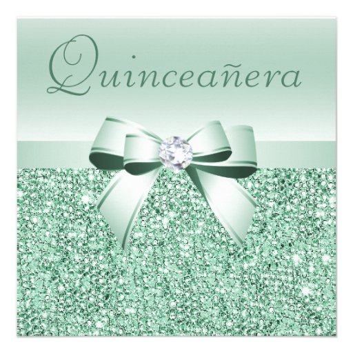 Mint Green Sequins, Bow & Diamond Quinceanera Invitations (front side)