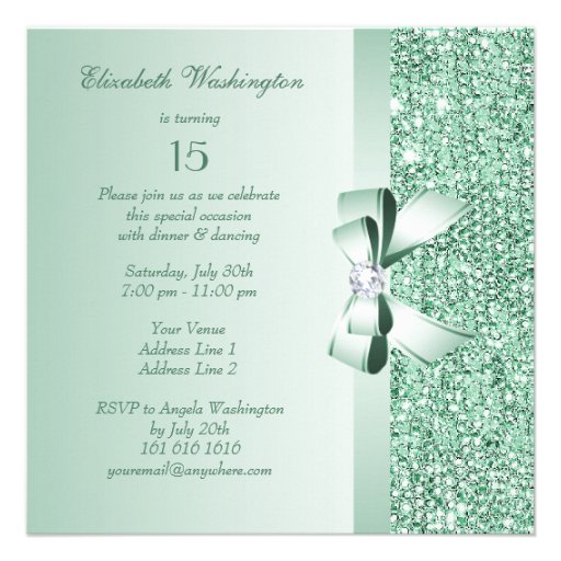 Mint Green Sequins, Bow & Diamond Quinceanera Invitations