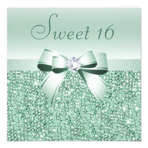 Mint Green Sequins, Bow & Diamond Sweet 16 Invite