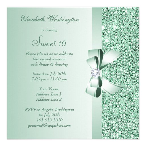 Mint Green Sequins, Bow & Diamond Sweet 16 Invite