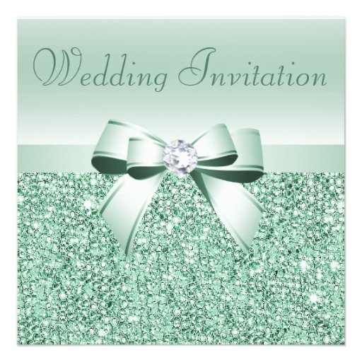 Mint Green Sequins, Bow & Diamond Wedding Personalized Invites