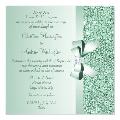 Mint Green Sequins, Bow & Diamond Wedding Personalized Invites