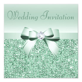 Mint Green Sequins, Bow & Diamond Wedding 5.25x5.25 Square Paper Invitation Card