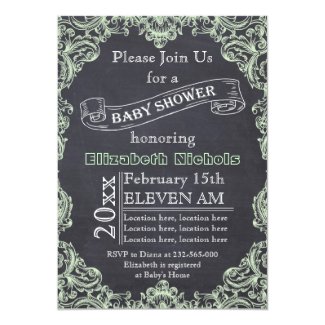 Mint green vintage frame & chalkboard baby shower card