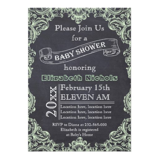 Mint green vintage frame & chalkboard baby shower custom invitation