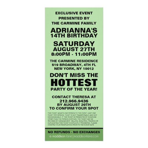 Mint Green VIP Photo Ticket Birthday Party Personalized Invitations